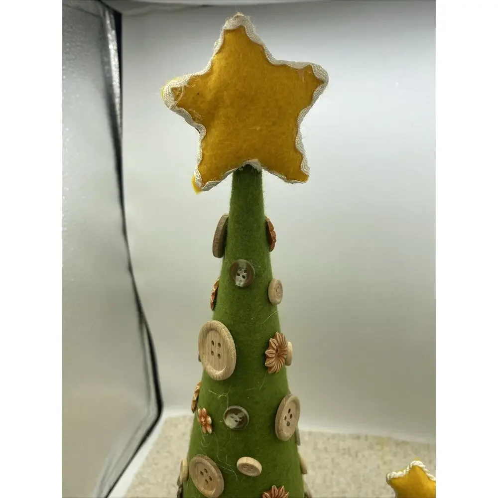 Set Of Two Crafted Button Christmas Trees. Cloth, Buttons, And Wood